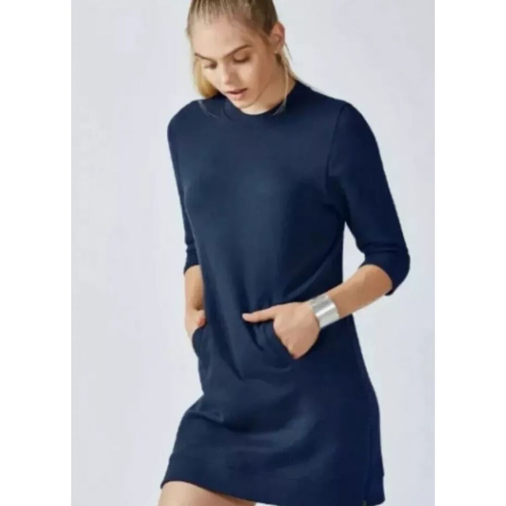 Fabletics Elena Sweatshirt Dress Size Medium 3/4 Sleeve Zip Sides Pockets Navy